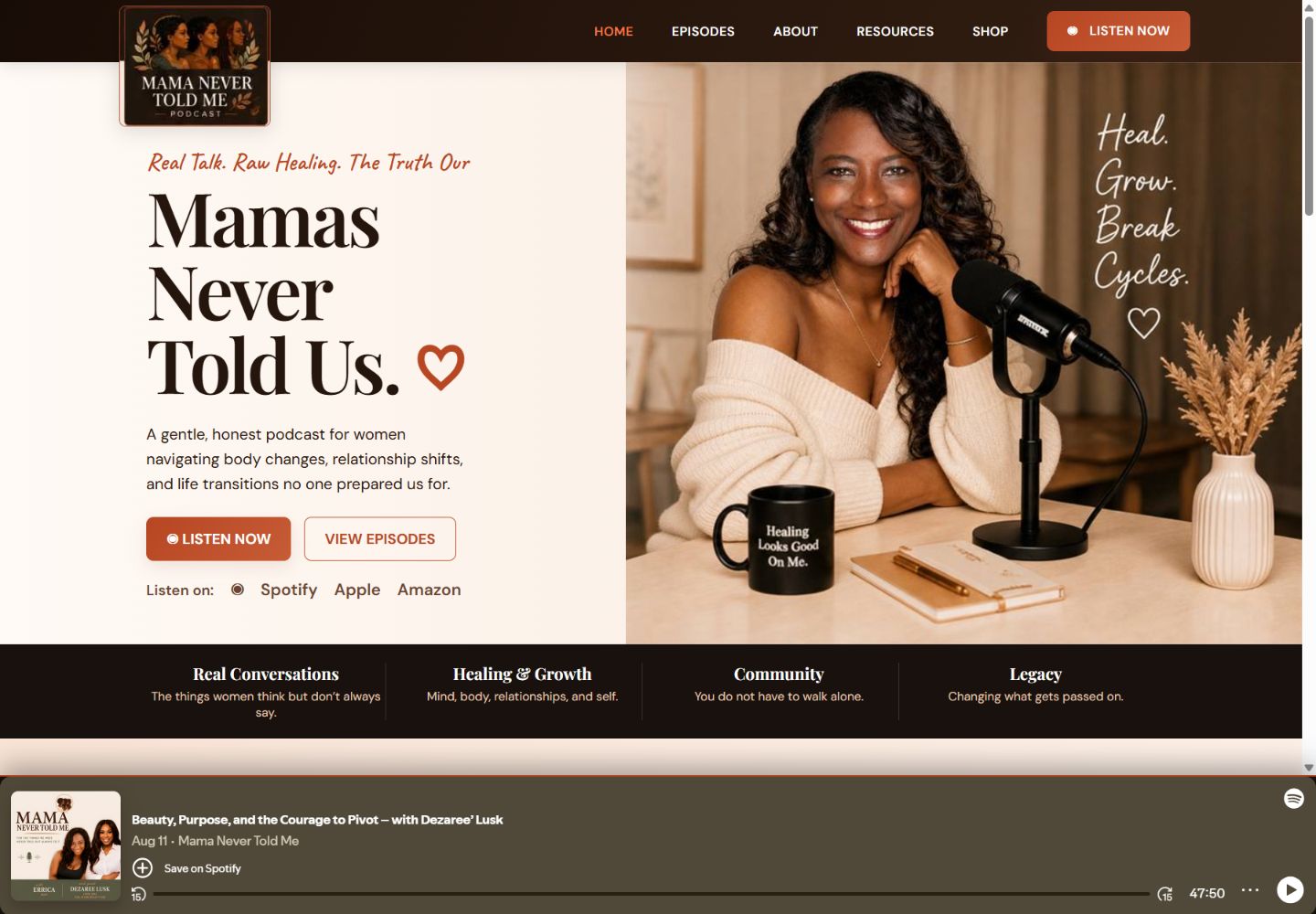 Mama Never Told Me podcast website homepage